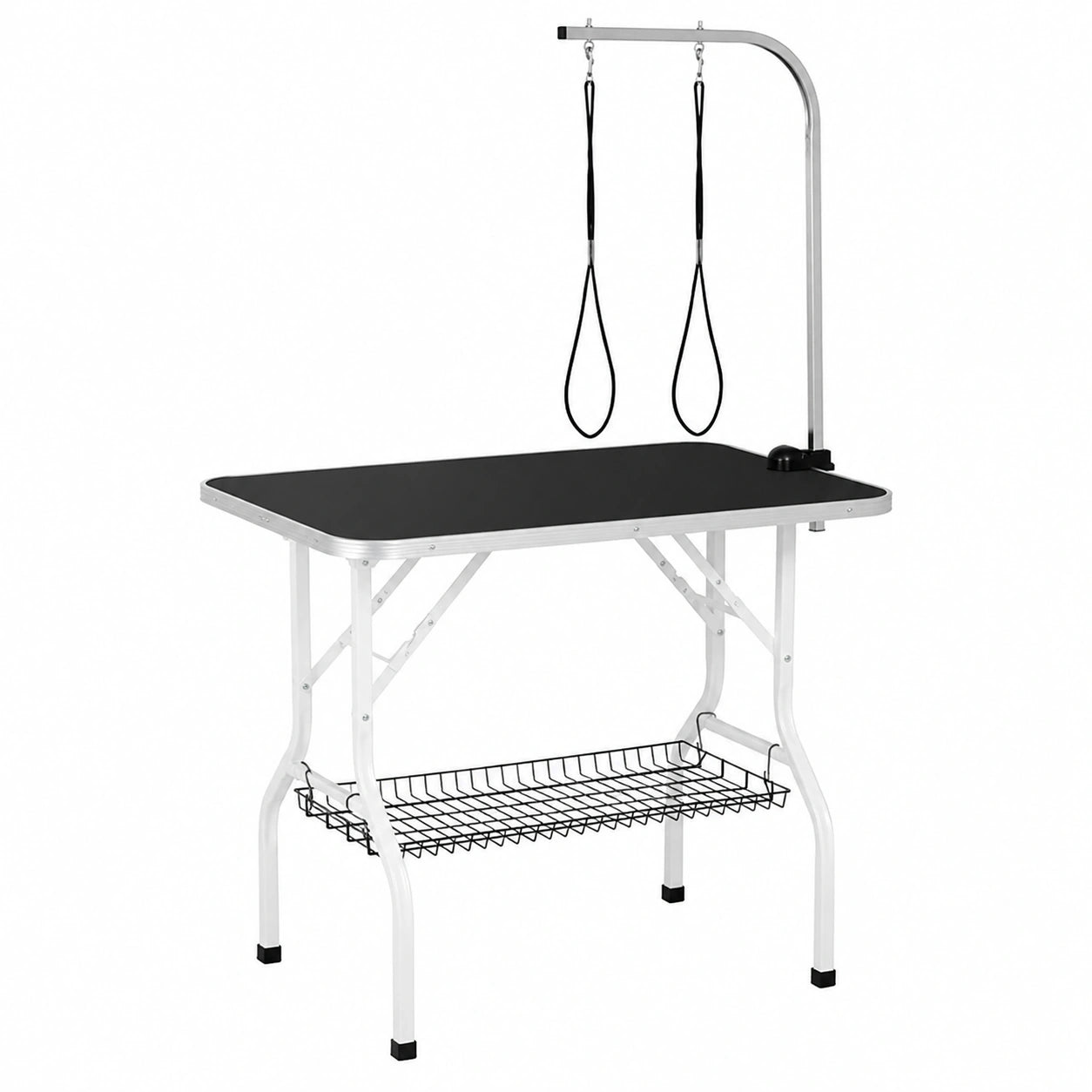 Table de toilettage pliante pour animaux avec potence réglable et rangement