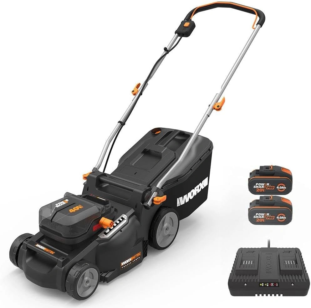 Tondeuse à Gazon WORX 40V, Taille de 600 m², Lame 37cm, Sac 40L, Coupe Bordures, 6 Niveaux de Hauteur, 2 Batteries 4Ah et Chargeur Inclus