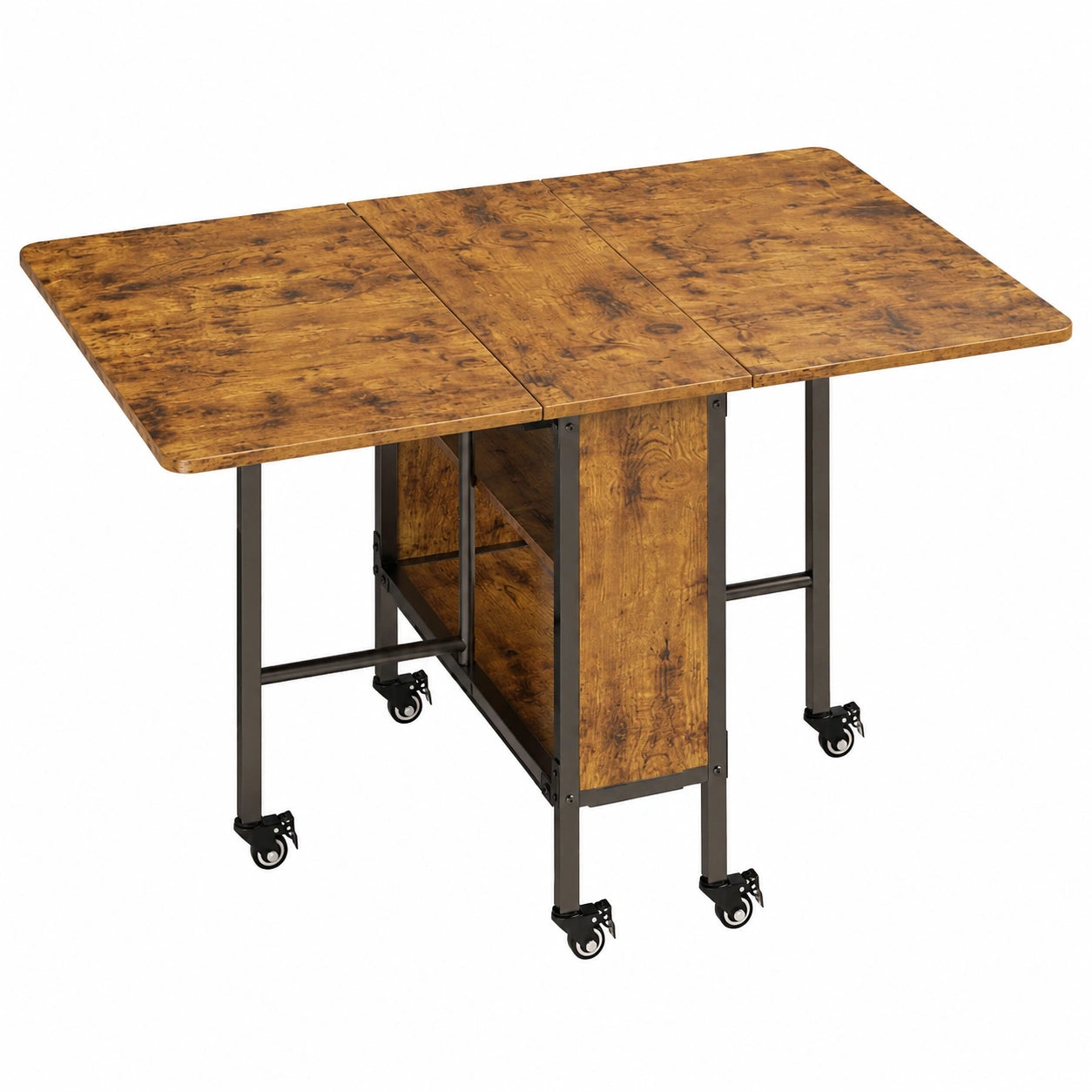 Table pliante multifonctionnelle avec étagères et roues pour petits espaces