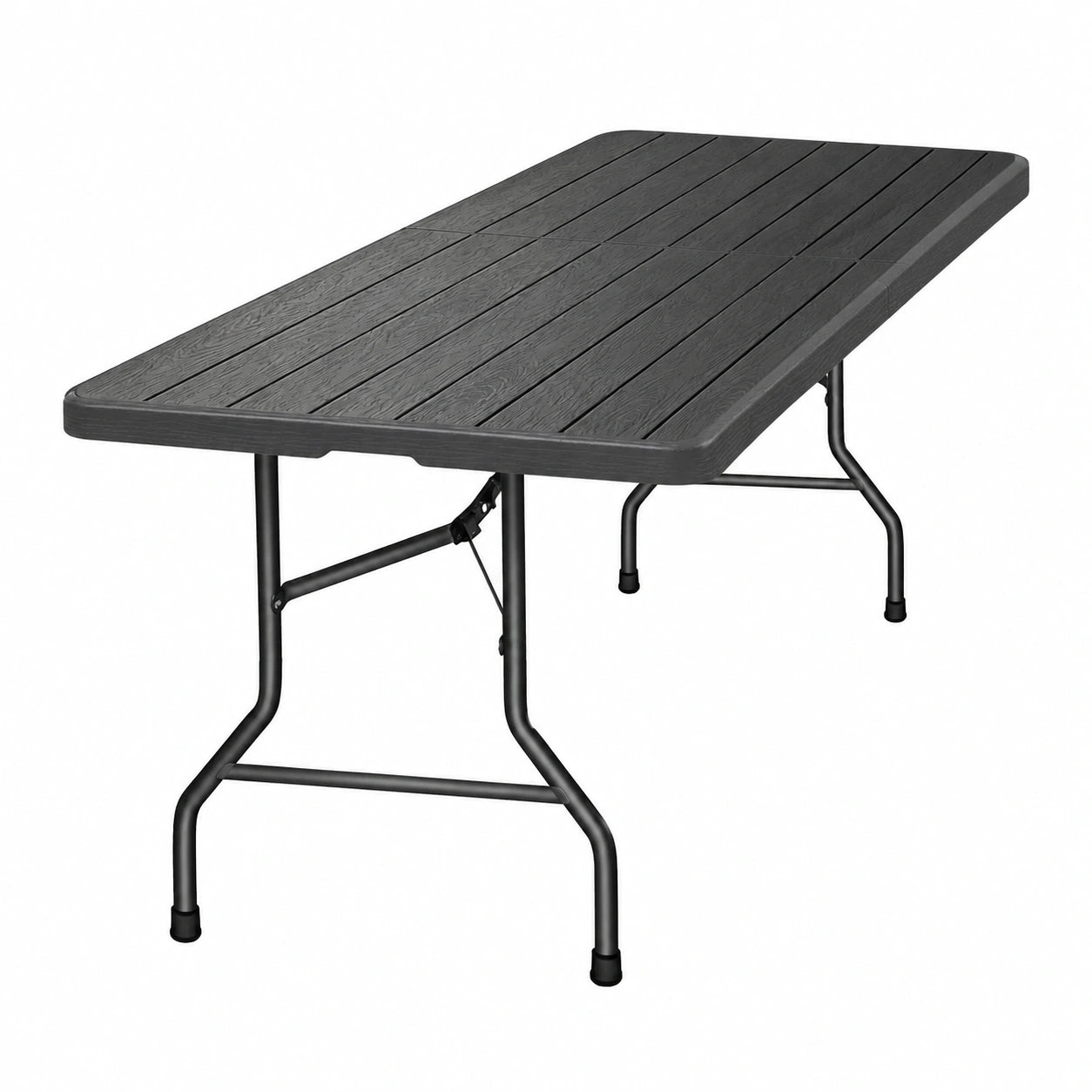 Grande table pliante de jardin pour 8 personnes, noire avec plateau effet bois et cadre métallique, capacité 150 kg, sécurité renforcée, idéale pour extérieur