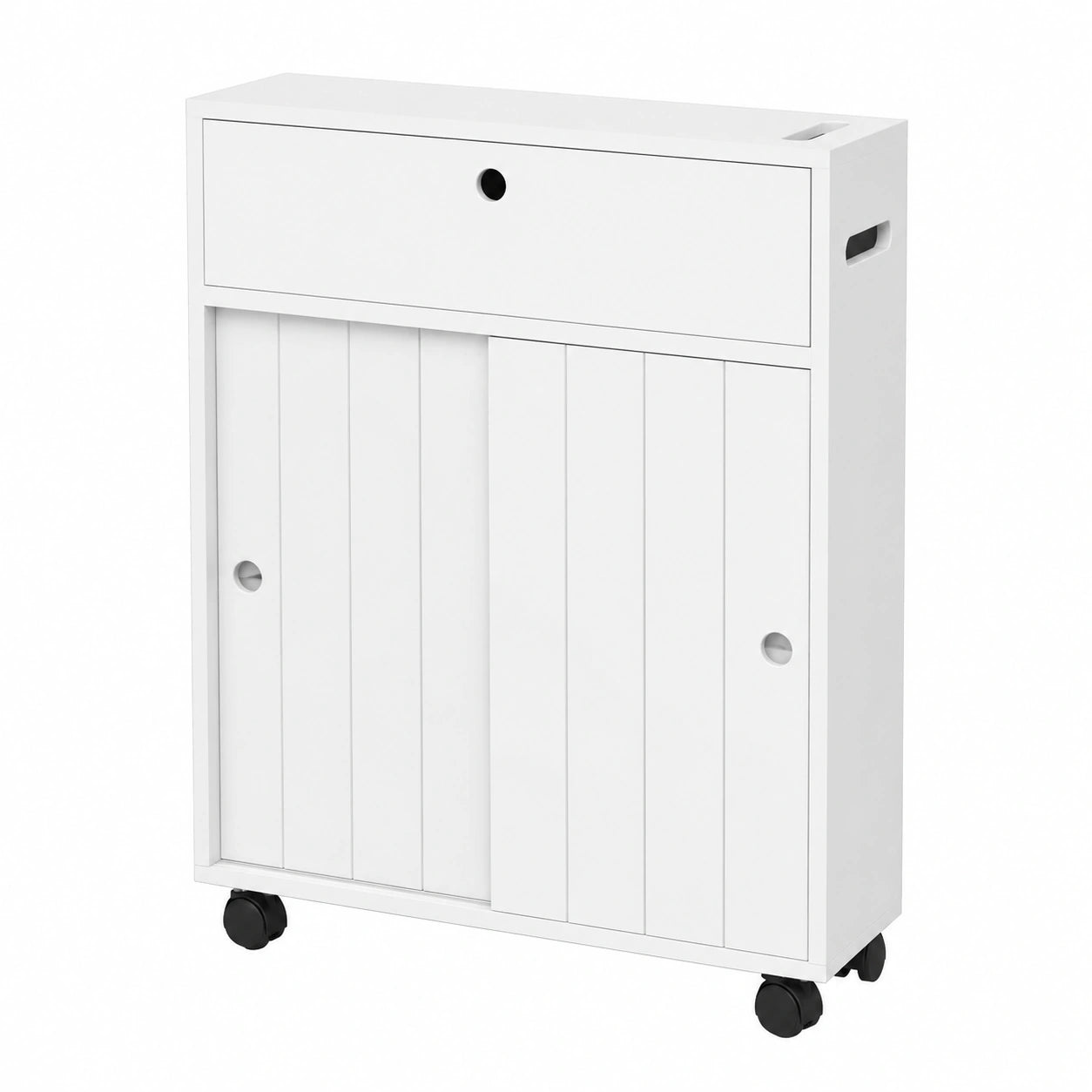 Armoire de rangement salle de bain avec portes coulissantes et roulettes, blanc
