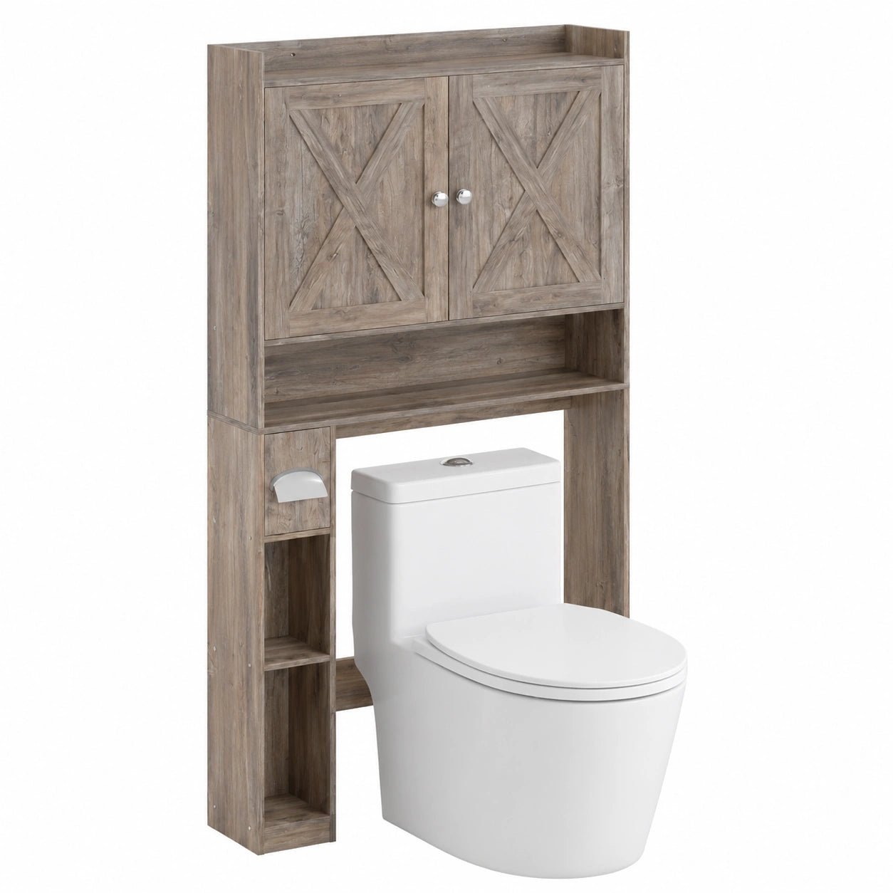 Étagère de Toilette avec Rangement, Double Porte, Support Papier, Gris Vieilli