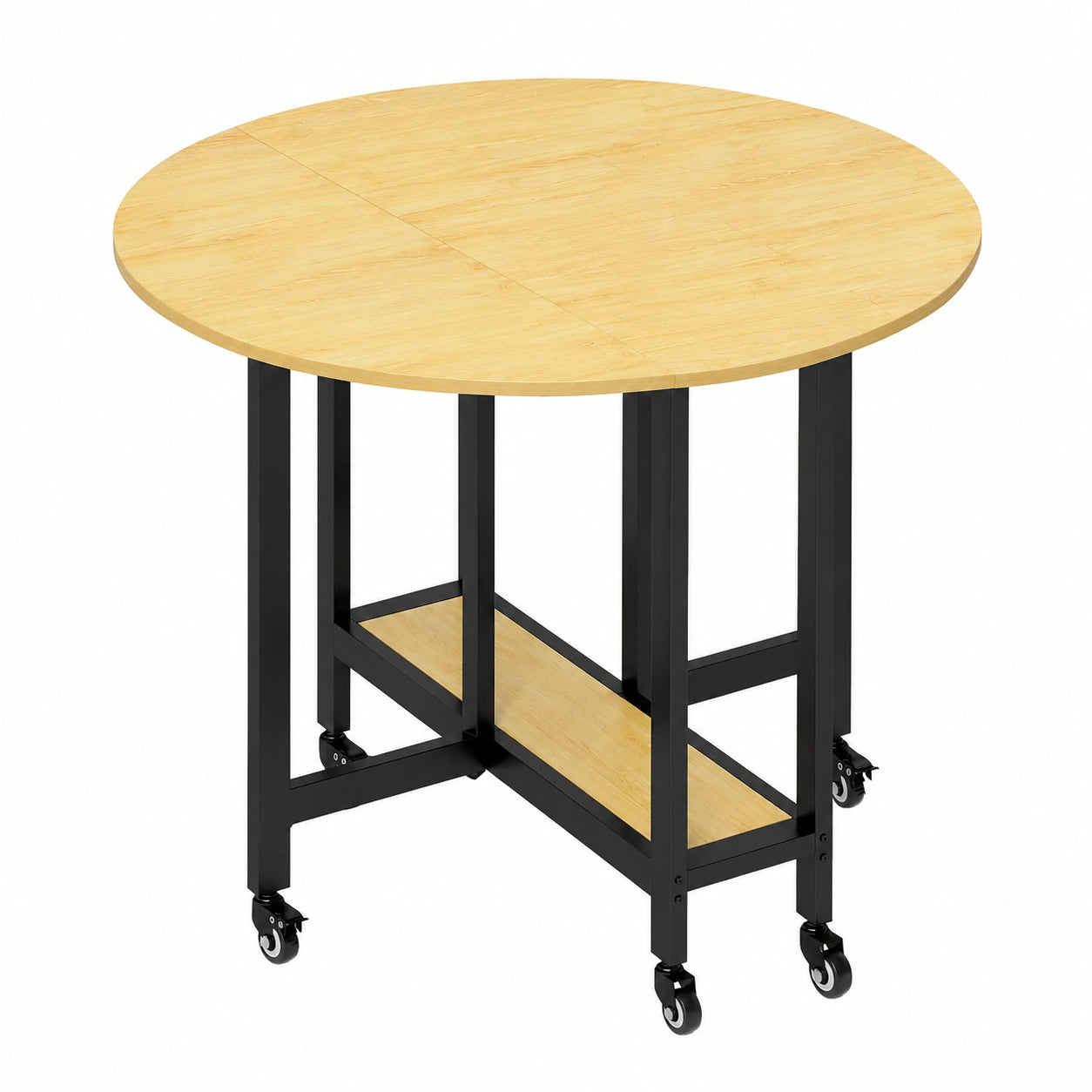 Table ronde pliante sur roulettes pour cuisine, 4 personnes, avec deux abattants et étagère inférieure