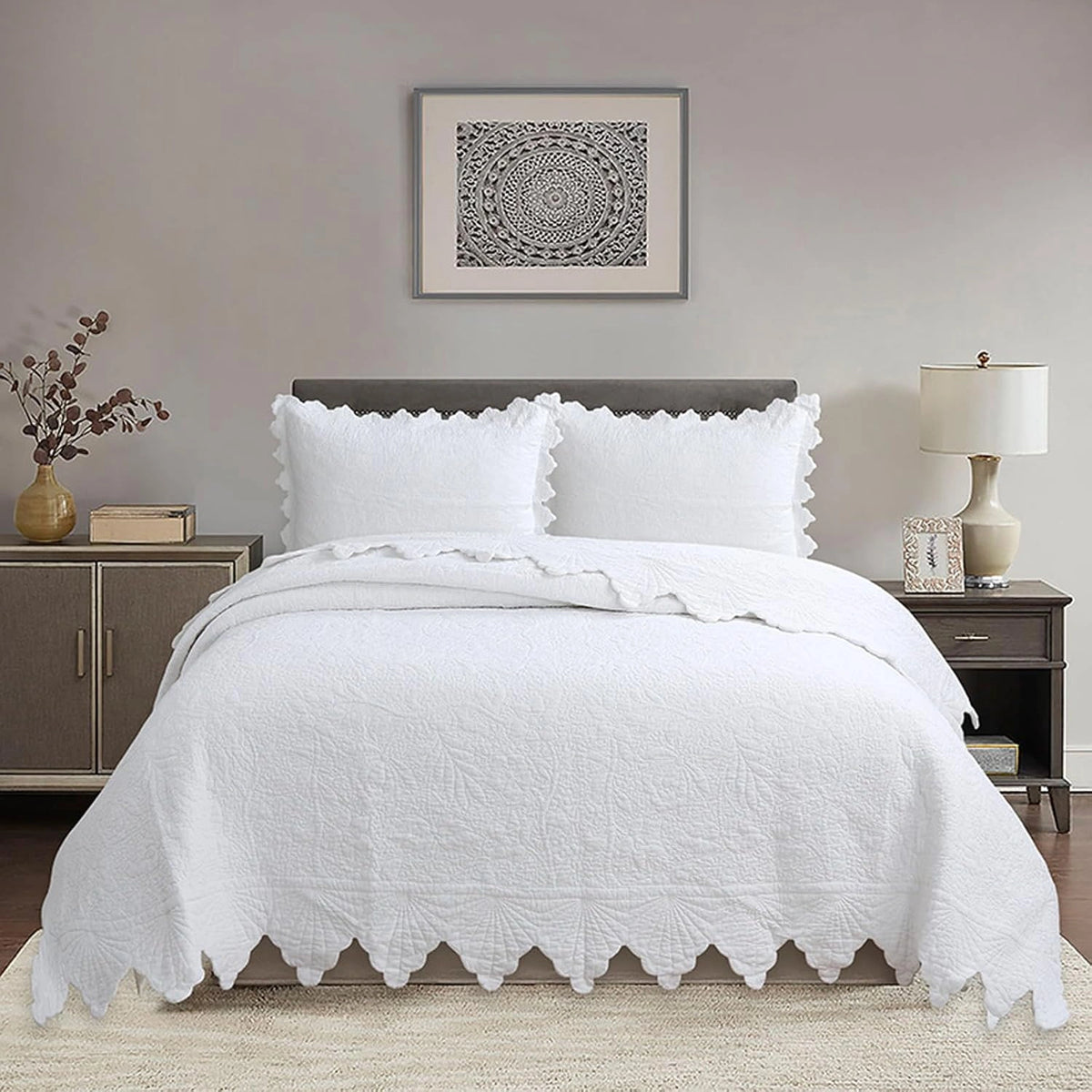 Couvre-Lit 2 Places 240x260 cm, Boutis Coton Brodé de Luxe, Ensemble Réversible avec Taies d’Oreiller, Blanc