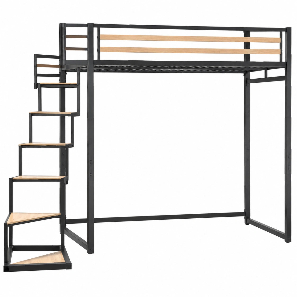 Lit mezzanine avec escalier intégrée pour chambre, 140x200 cm, structure métal et bois