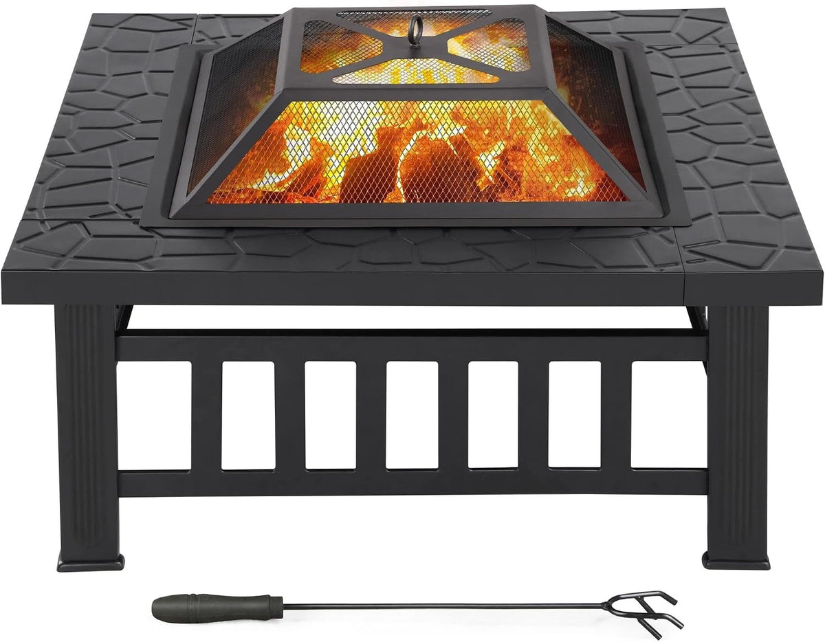 Foyer Extérieur Multifonction 3 en 1 81x81x50cm pour Terrasse avec Grille de Protection