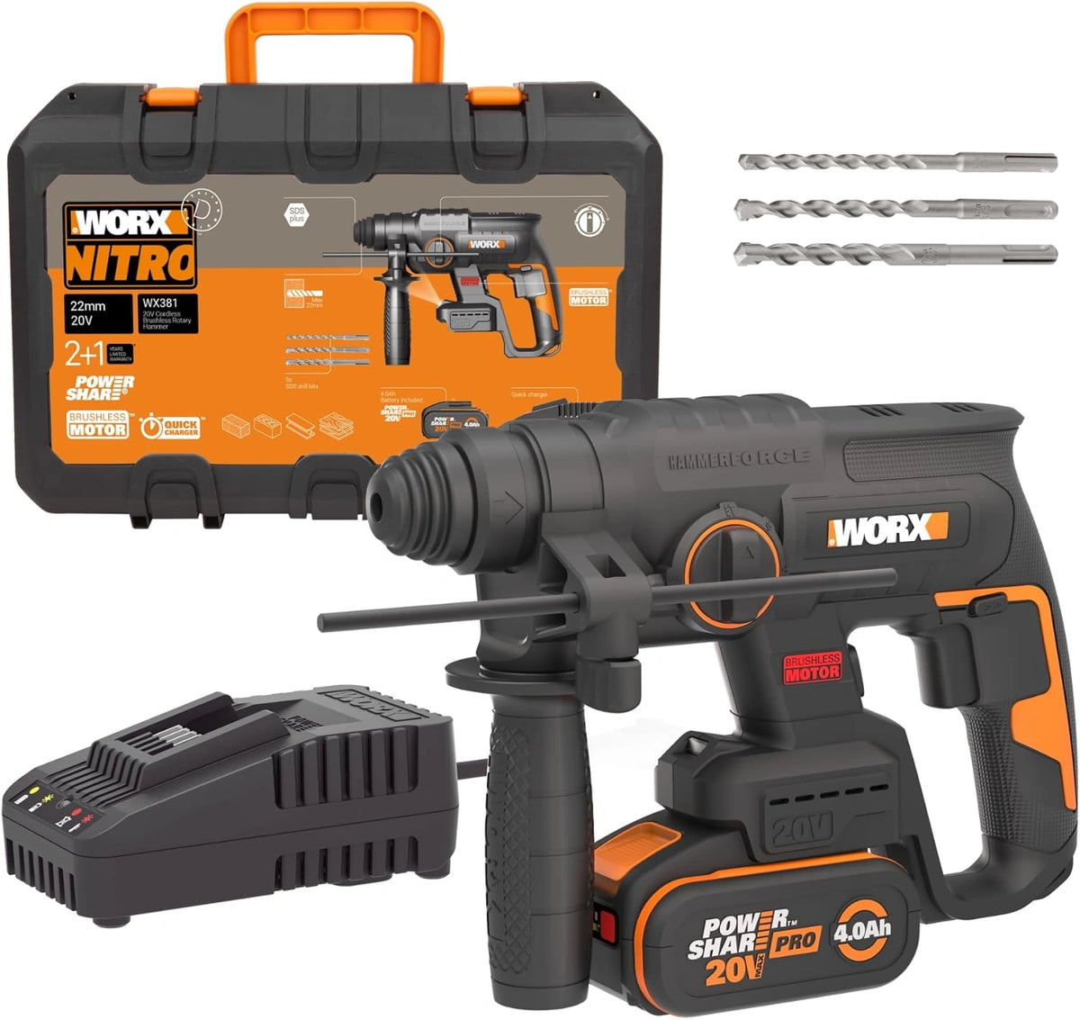 WORX Marteau Perforateur sans Fil 20V, 2J, 3 Modes, Antivibrations, Batterie 4Ah Incluse