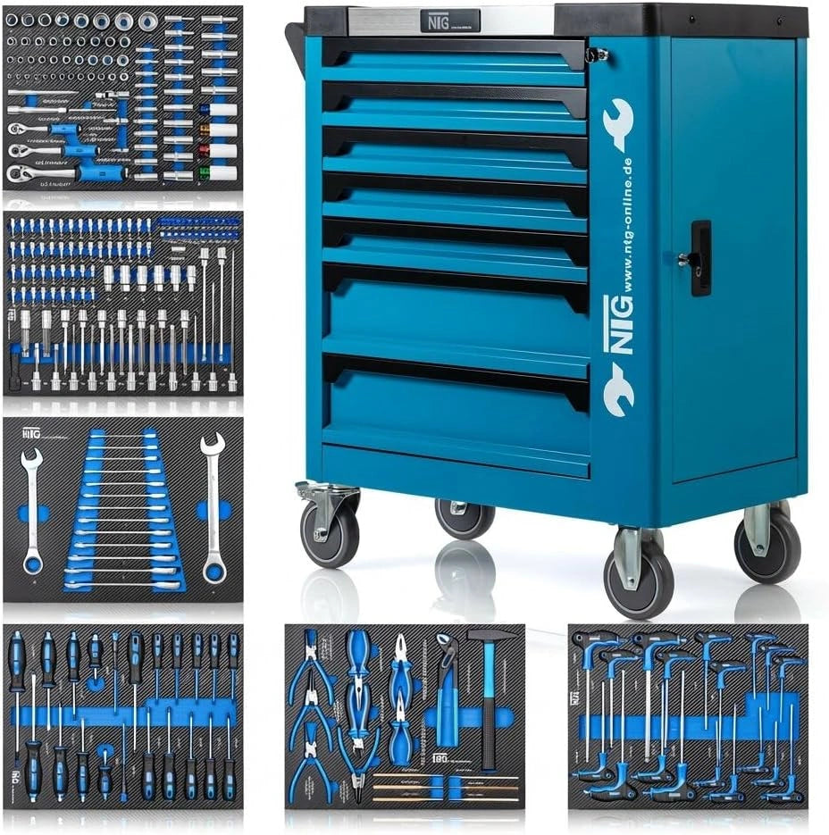 Chariot à outils verrouillable 7 tiroirs avec 252 pièces et inserts souples