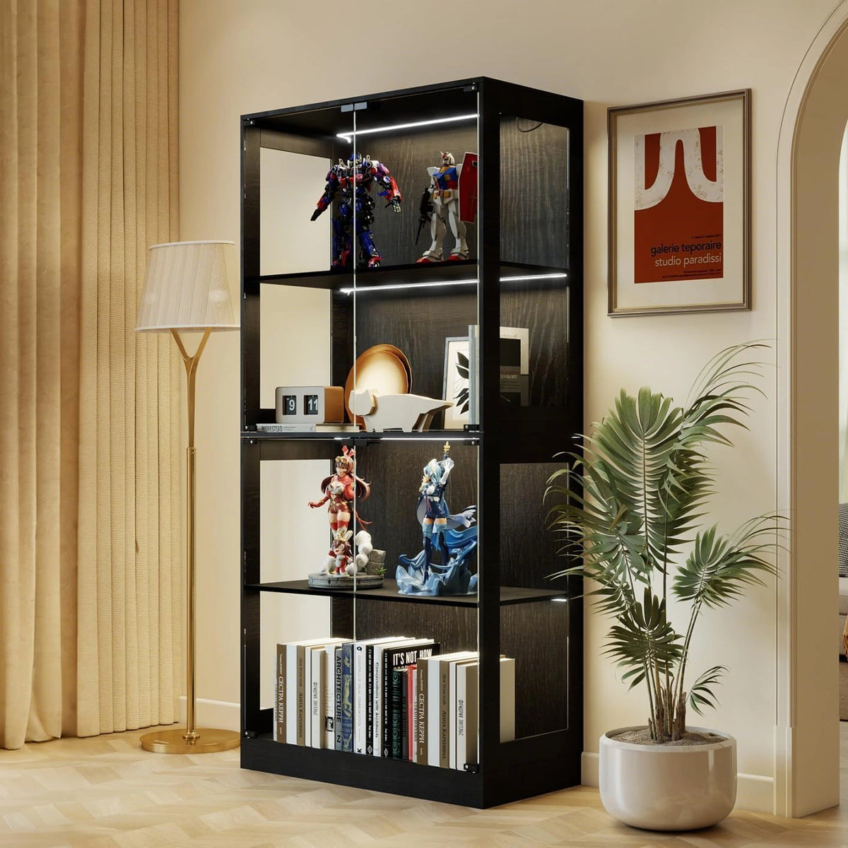 Vitrine Moderne LED avec Étagères pour Collection et Rangement, 80x35x165 cm, Noir