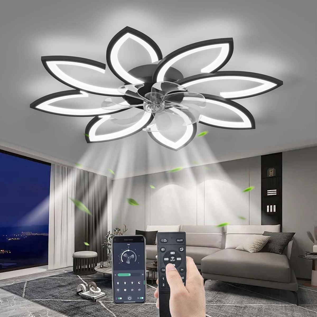 Ventilateur Plafond Moderne avec LED, Télécommande et 6 Vitesses Réglables, Noir 90 cm pour Salon et Chambre