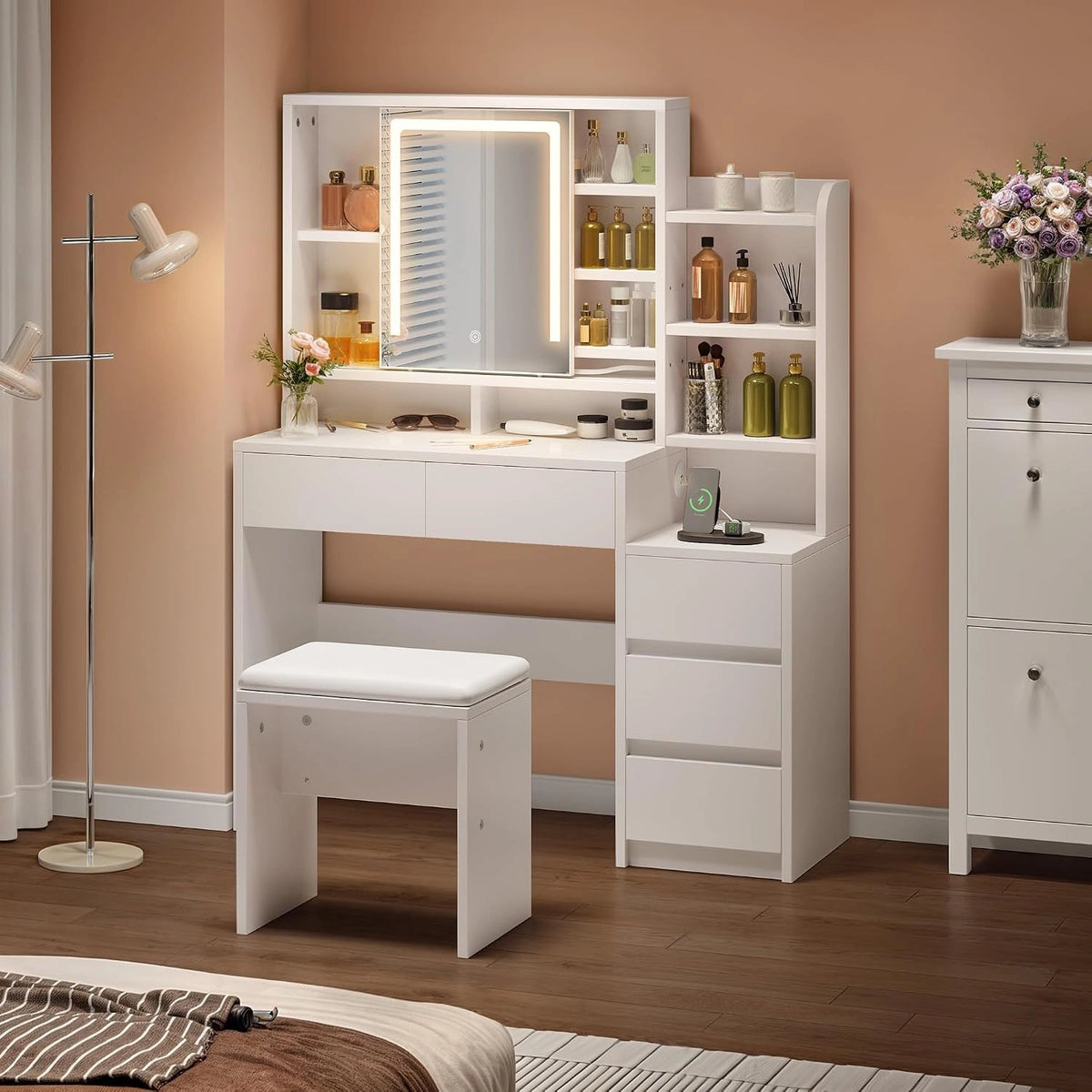 Coiffeuse Blanche YITAHOME avec Miroir LED et Tabouret, 5 Tiroirs et Étagères Réglables