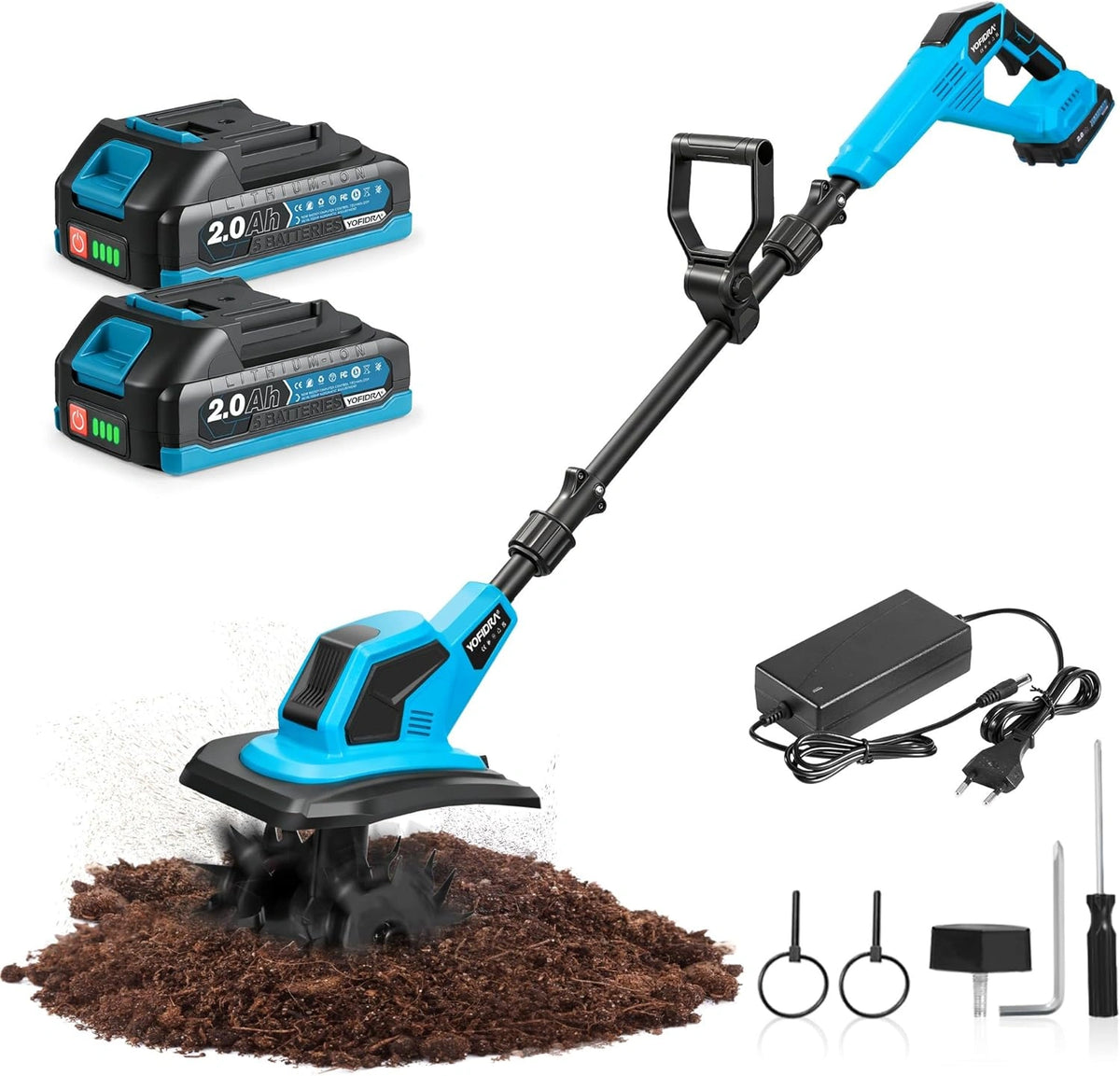 Motoculteur Électrique Yofidra Sans Fil 600W - Largeur 23cm, Profondeur 17cm, 2 Batteries 2.0Ah, 4x12 Lames, Cultivateur de Jardin