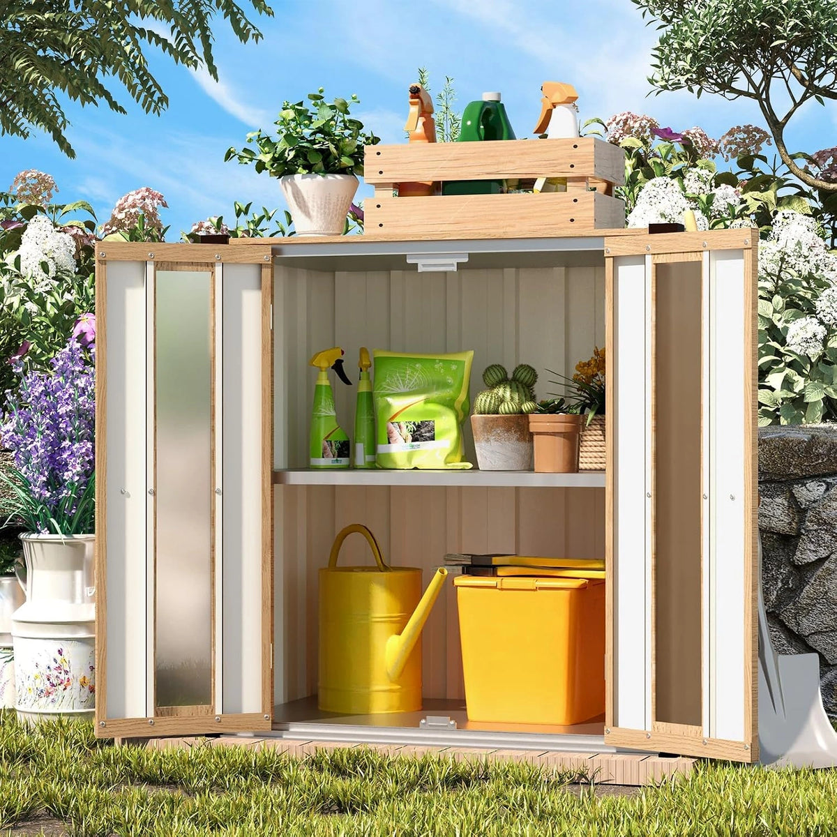 YODOLLA Armoire de Jardin en Métal Imperméable pour Outils, Petite Armoire Extérieure