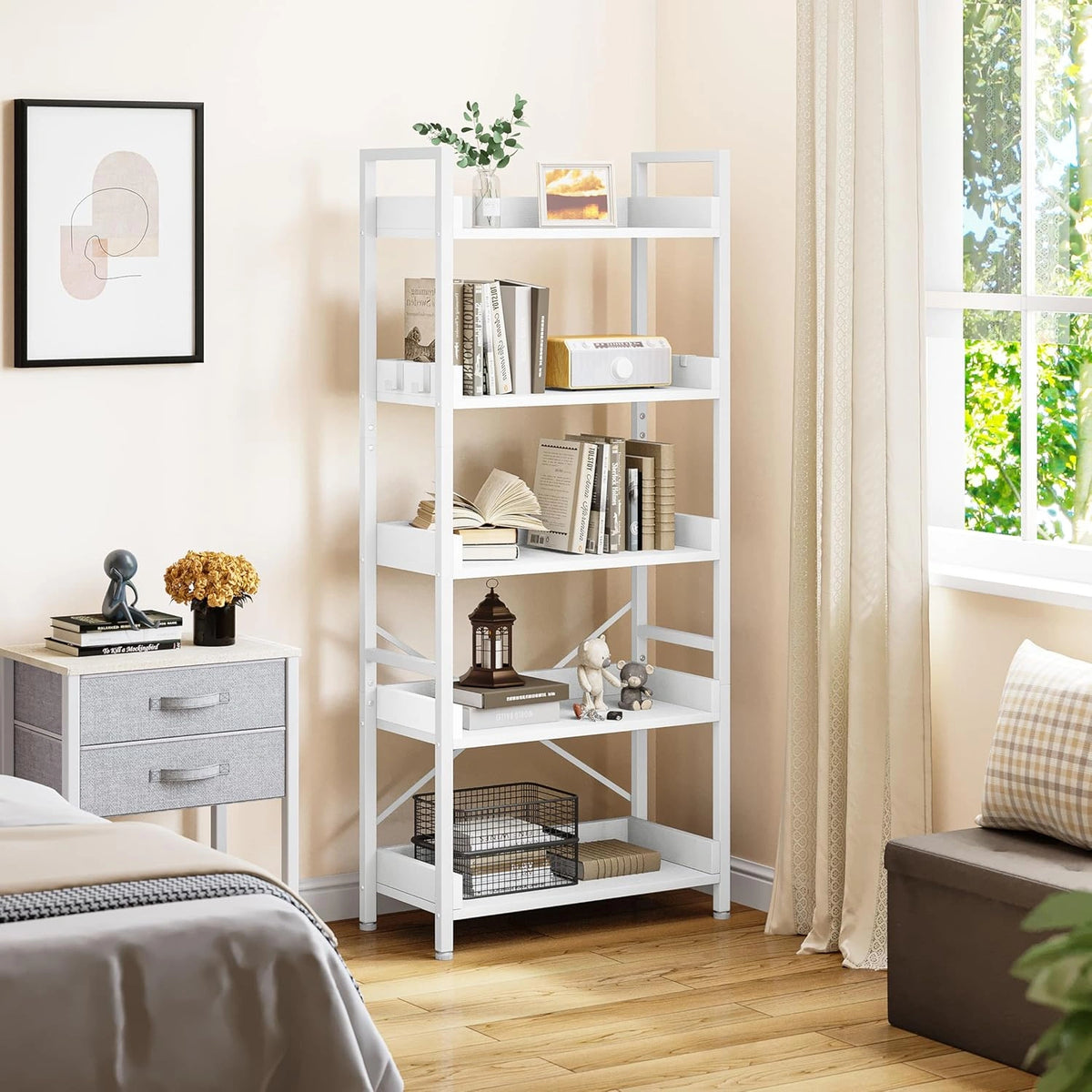Étagère de Rangement YITAHOME 5 Niveaux en Bois et Acier, Style Industriel avec Crochets, Pour Salon ou Bureau, Blanc
