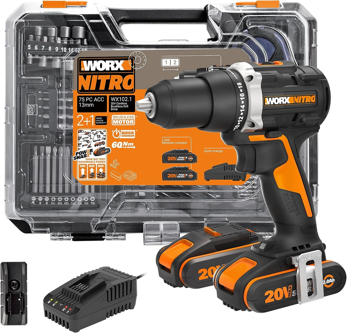 Perceuse-visseuse sans fil WORX NITRO 18V avec moteur Brushless, 60 Nm, 2 vitesses, LED, 2 batteries 2 Ah incluses