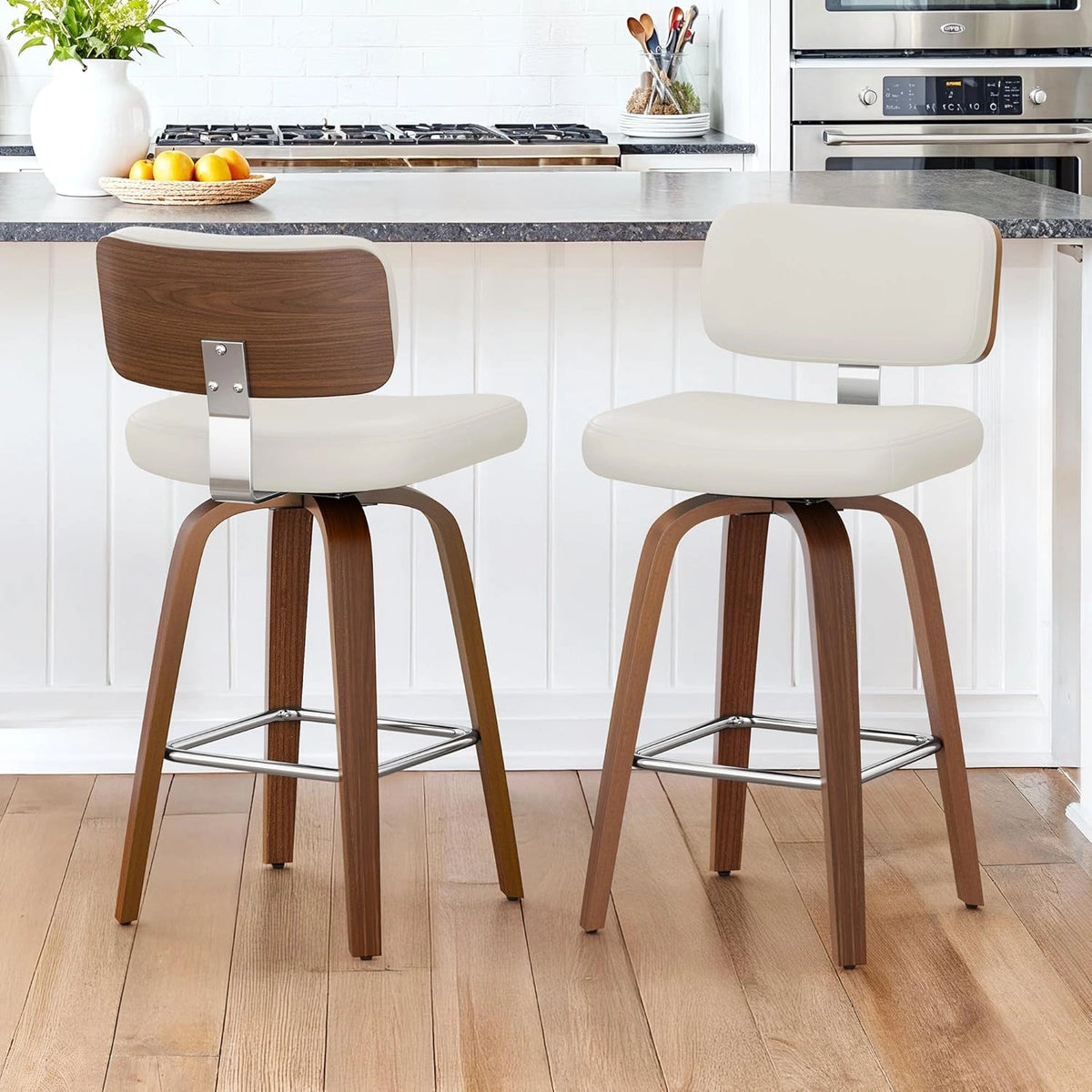 LUE BONA Lot de 2 Tabourets de Bar Pivotants en Simili Cuir, Hauteur 67 cm, avec Dossier et Repose-Pieds, Bois Blanc, Pour Cuisine et Bar
